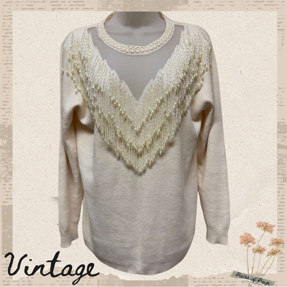 Vintage Maurada Pearl Beaded Mesh Sweater – Size M